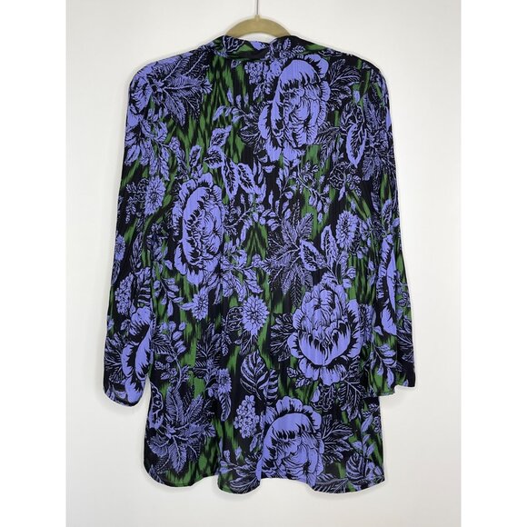 Sunny Leigh Purple Green Black Button Front Collared Floral Tunic Blouse Large - Picture 9 of 10